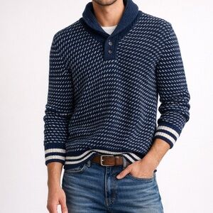 American Eagle Shawl Neck Pullover Sweater - Navy/Cream Pattern - Medium